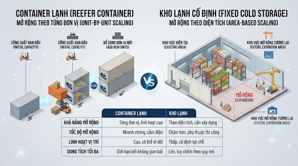So sánh sức chứa và khả năng mở rộng container lạnh kho lạnh