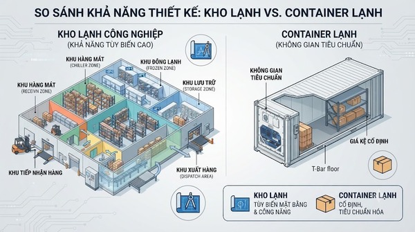 So sánh khả năng thiết kế không gian container lạnh và kho lạnh