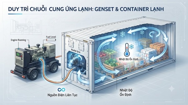 Genset giúp hạn chế gián đoạn nguồn điện của container lạnh