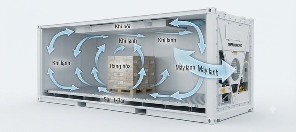 Sơ đồ luồng khí lạnh lưu thông qua hàng hóa trong container